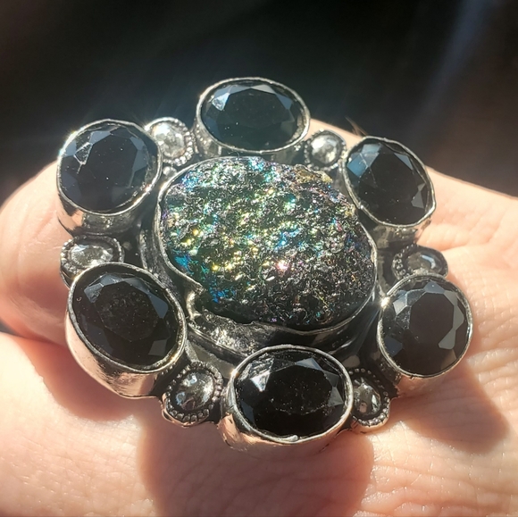 New Titanium Druzy & Spinnel 925 Silver Statement Ring. - Picture 12 of 13